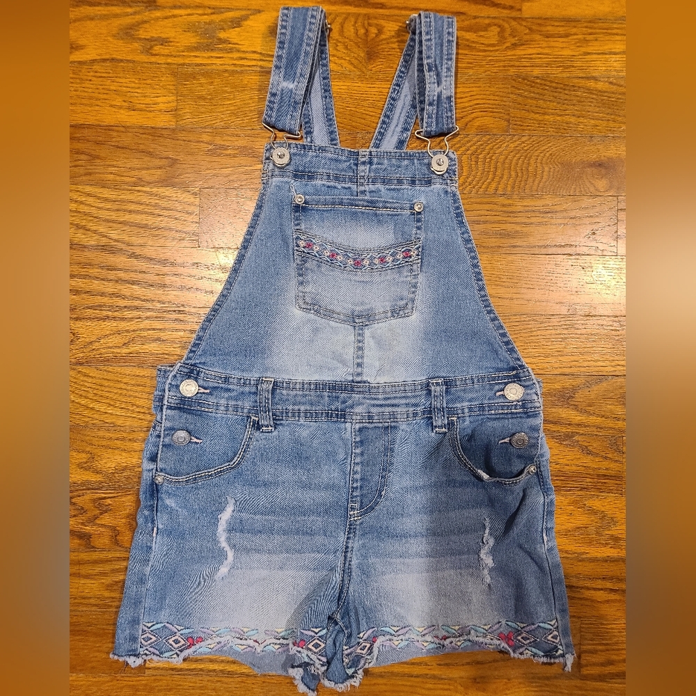 Kids Denim Short Overalls with Embroidered Details Size 10-12